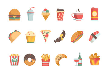 Sticker - Fast food flat icons. Sandwich burger cold drinks ice cream pizza hamburger vector food menu symbols. Burger and pizza, sandwich hamburger and coffee illustration