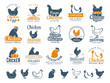 Chicken badges. Fresh farm food logotype cooking egg and bird broilers vector labels. Chicken egg and meat logotype, farm badge label illustration
