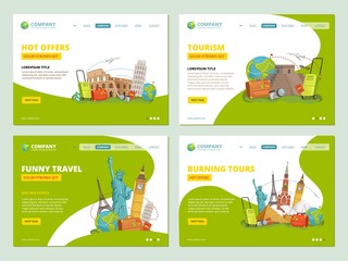 Travel landing pages. Historical landmarks points of interests for travellers website business template app layout vector. Illustration of banner travel agency, offer for vacation