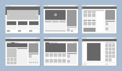 Website layout. Web pages template internet browser window with banners and ui elements icons vector design. Illustration of menu site, project content flowchart