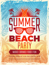 Summer Retro Poster. Vacation Tropical Beach Summer Party Invitation Retro Placard Vector Template. Summer Vacation Banner, Travel Sea Party, Tour Poster Illustration