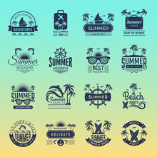 Summer Travel Logos. Retro Tropical Vacation Badges And Symbols Palm Tree Drinks Beach Tour On Island Vector Pictures Collection. Illustration Of Summer Tropical Journey Badge