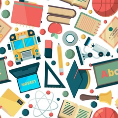 Wall Mural - School seamless background. Education learning college institute objects stationary tools teachers university items vector pattern. Stationery for school, study and knowledge illustration