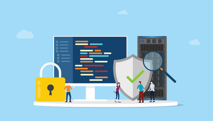 Wall Mural - network programming security concept with code program and server safe icon - vector