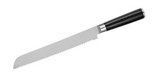 Japanese Steel Bread Knife With Serrated Blade On White Background. Kitchen Knife Isolated. Top View