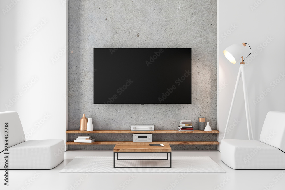 Smart Tv mockup hanging on the concrete wall in modern luxury interior - obrazy, fototapety, plakaty 