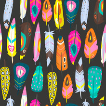 Various Bright Abstract Feathers. Different Shapes. Hand Drawn Vector Seamless Pattern. Colorful Trendy Illustration. Black Background