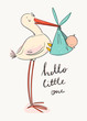 Hello little one. Cartoon stork carrying a cute newborn baby. Design template for greeting card or baby shower invitation. Hand drawn vector trendy illustration.