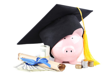 Poster - Piggybank with graduation cap, diploma and dollar banknotes isolated on white background