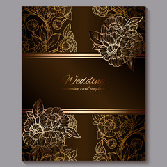 Exquisite chocolate royal luxury wedding invitation, gold floral background with frame and place for text, lacy foliage made of roses or peonies with golden shiny gradient.