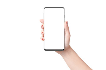 Female hand holding modern phone in vertical position, isolated on white background. Mockup