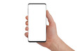 © nikolas_stock - Male hand hold modern phone in vertical position, isolated on white background. Mockup for presentation