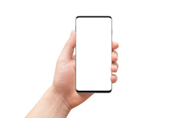 Wall Mural - Male hand holding modern smartphone in vertical position, isolated on white background. Mockup for presentation