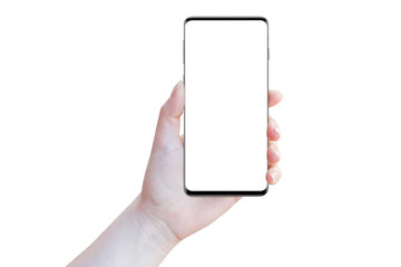 Wall Mural - Modern smartphone in female hand, isolated on white background. Mockup for presentation