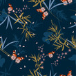 Seamless pattern Floral with oriental butterflies in the bamboo garden. Hand drawn Vector illustration.Design for fashion,fabric, wallpaper ,web and all prints