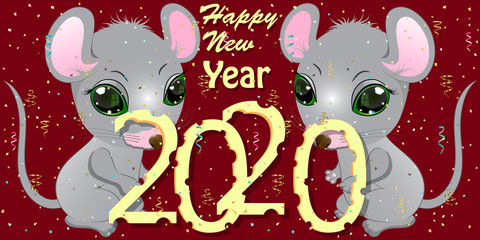 greeting card happy new year with mice 2020. cartoon vector illustration.