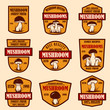 Set of emblems with mushrooms. Design element for poster, logo, label, sign, badge.