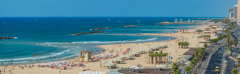 Large Panoramic view of the Tel-Aviv beach on Mediterranean sea, Israel