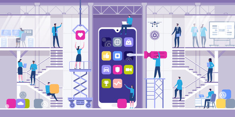 Wall Mural - mobile app development concept with characters. flat vector illustration