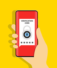 Poster - Hand holds smartphone. Receiving sms verification code to access website or web service. Two-factor user authentication. Vector