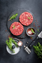 Poster - Fresh raw minced beef steak burgers with spices