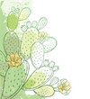 Corner bunch of outline Indian fig Opuntia or prickly pear cactus, flower, fruit and spiny stem in pastel green on the white background.