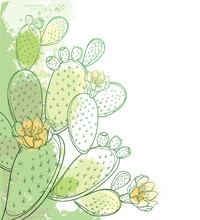 Corner Bunch Of Outline Indian Fig Opuntia Or Prickly Pear Cactus, Flower, Fruit And Spiny Stem In Pastel Green On The White Background.