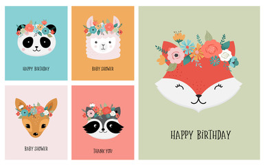  Cute animals heads with flower crown, vector illustrations for nursery design, poster, birthday greeting cards. Panda, llama, fox, koala, cat, dog, raccoon and bunny