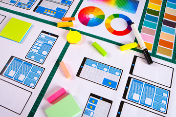 Ux ui design. Graphic designer is developing a web page layout. Visualization of the project of the smartphone application . Sketch development mobile application framework. Wireframing.