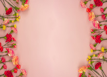 Pink Background With Carnations Flowers And Copy Space. Top View. Mother's Day Background.