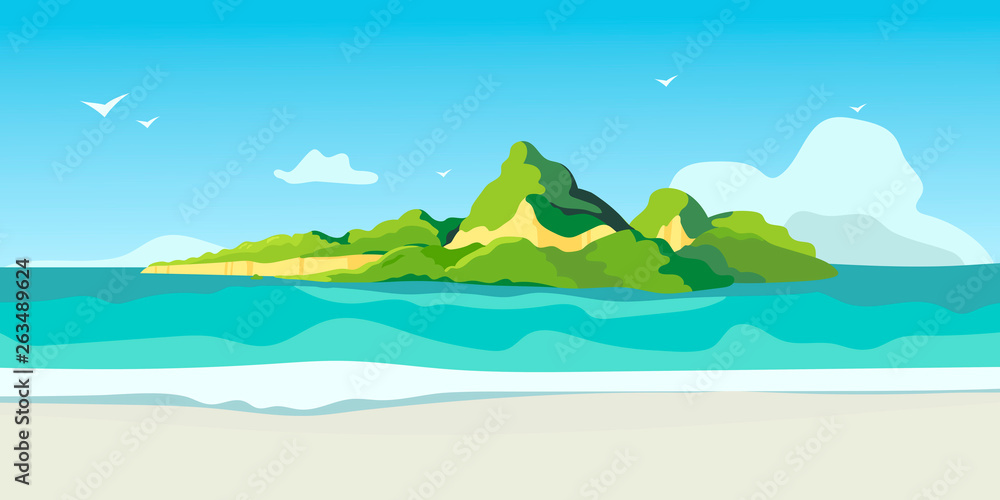 A beautiful view on a tropic isle from a beach with white sand. Creative banner, flyer, blog post, card or landing page for a travel agency or tour operator. Summer theme background or wallpaper. - obrazy, fototapety, plakaty 