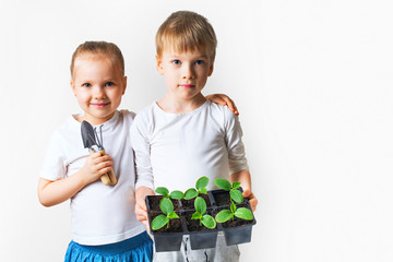 Two kids with sprouts and gardening tools, ecology theme on white background.