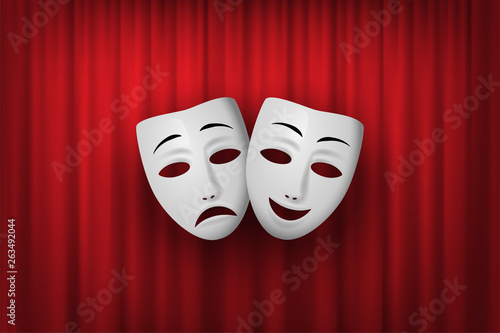 Fotografía Comedy and Tragedy theatrical mask isolated on a red curtain background