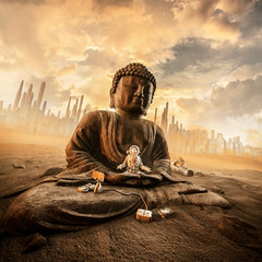 Wall Mural - Harmony in the heat / 3D illustration of astronaut meditating on ancient stone statue of Buddha on abandoned desert city colony planet under a glorious sky