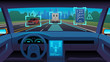 Future autonomous vehicle. Driverless car interior futuristic autonomous autopilot sensor system gps road, cartoon vector concept