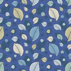 Wall Mural - Seamless vector floral pattern with abstract tree leaves in navy blue and white colors. Colorful ornate background in retro style