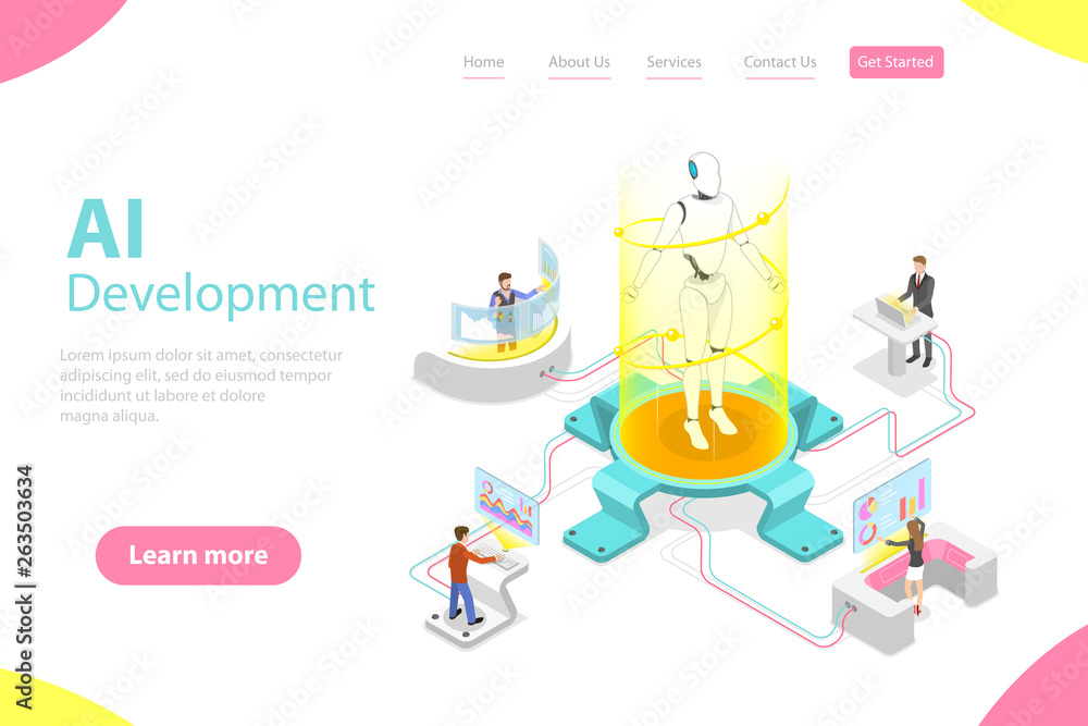 Flat isometric vector landing page template of AI development, robot ...