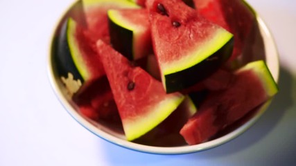 Canvas Print - Watermelon / tarbooj fruit cube slices served in a bowl. selective focus