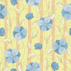 Wall Mural - Seamless vector floral pattern with abstract flowers and stitch elements in pastel blue and yellow colors on striped background. Colorful print in boho style