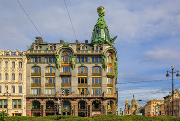 Poster - Ornate art deco facade of Zinger Singer company historic building or House of Books on Nevsky Prospect in Saint Petersburg, Russia