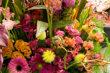 Wall Mural - Roses, gerberas, cactus and other exotic flowers in bouquete