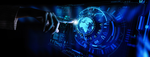 Wall Mural - hand working with the earth with network line with point on the star and world modern ui with intern