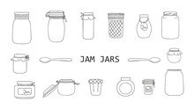 Vector Set Of Black And White Jam Jars Isolated On White Background. Monochrome Collection Of Preserved Food In Pots.