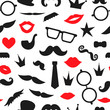 © Lexi Claus - Vector seamless pattern of photo booth props. Repeating background of moustache, glasses, lips, heart, crown, pipe, speech bubble, hat, tie for holiday or party. Moustache season backdrop