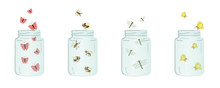 Vector Illustration Of Glass Jars With Insects Inside. Cute Summer Illustration. Save The Moment. Moth, Butterfly, Bumblebee, Ladybug, Dragonfly Picture