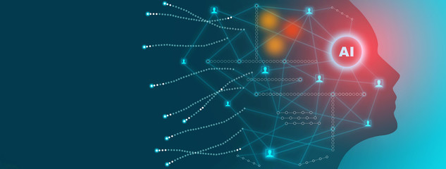 Artificial intelligence technology concept with illustration of human face made by tiny glowing connections 