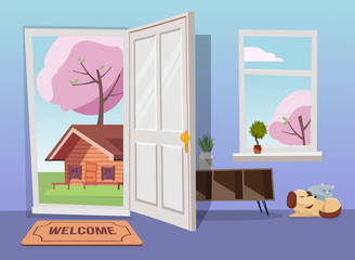 Open door into spring landscape view with blooming trees. Flat cartoon illustration. Trees with round crown under blue sky. Hallway interior with window overlooking suburb with old house