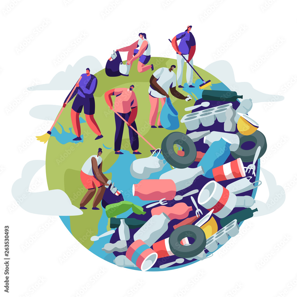 People Removing Trash from Planet. Male and Female Characters Cleaning ...