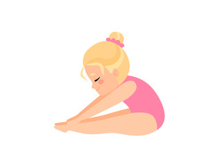 Sticker - Cute Little Ballerina Doing Exercise, Blonde Girl Gymnast Character in Pink Leotard Vector Illustration