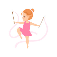 Wall Mural - Cute Flexible Little Ballerina Doing Exercise with Ribbons, Girl Gymnast Character Training Vector Illustration